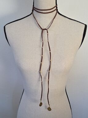 Brown Necklace with Gold Beads And Coin Tip Ends